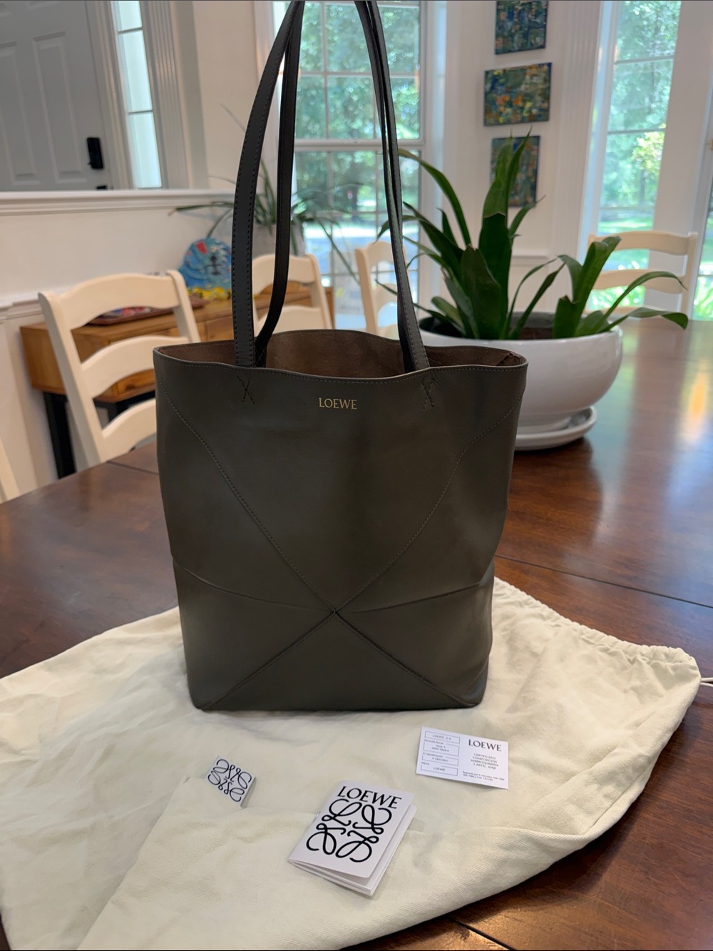 Loewe Dark Olive Leather Puzzle Tote with organizer
